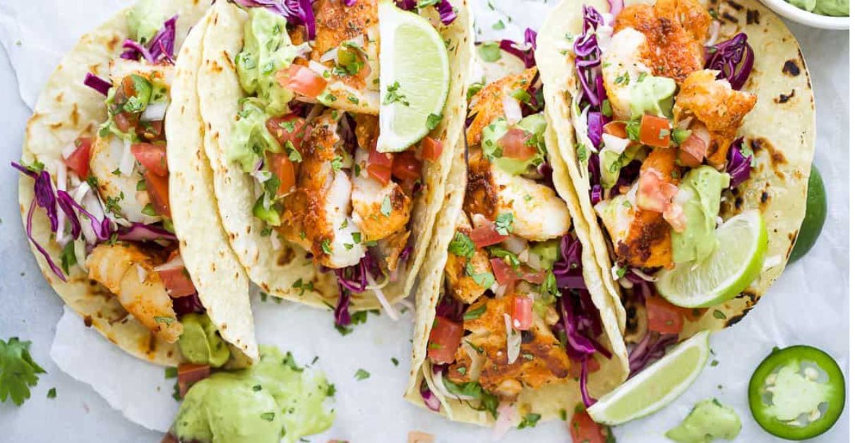 BAJA FISH TACOS WITH AVOCADO CREMA