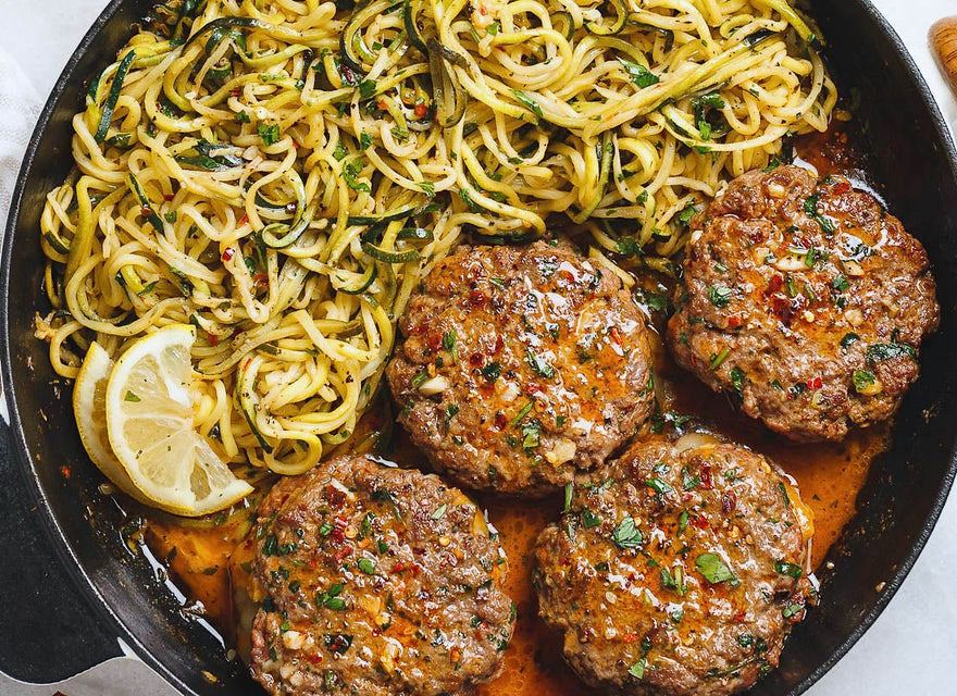 Cheesy Garlic Burgers with Lemon Butter Zucchini Noodles