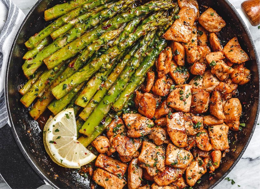 Garlic Butter Chicken Bites with Lemon Asparagus