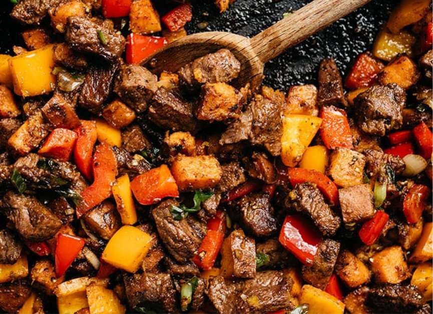 Steak Bites with Sweet Potatoes and Peppers